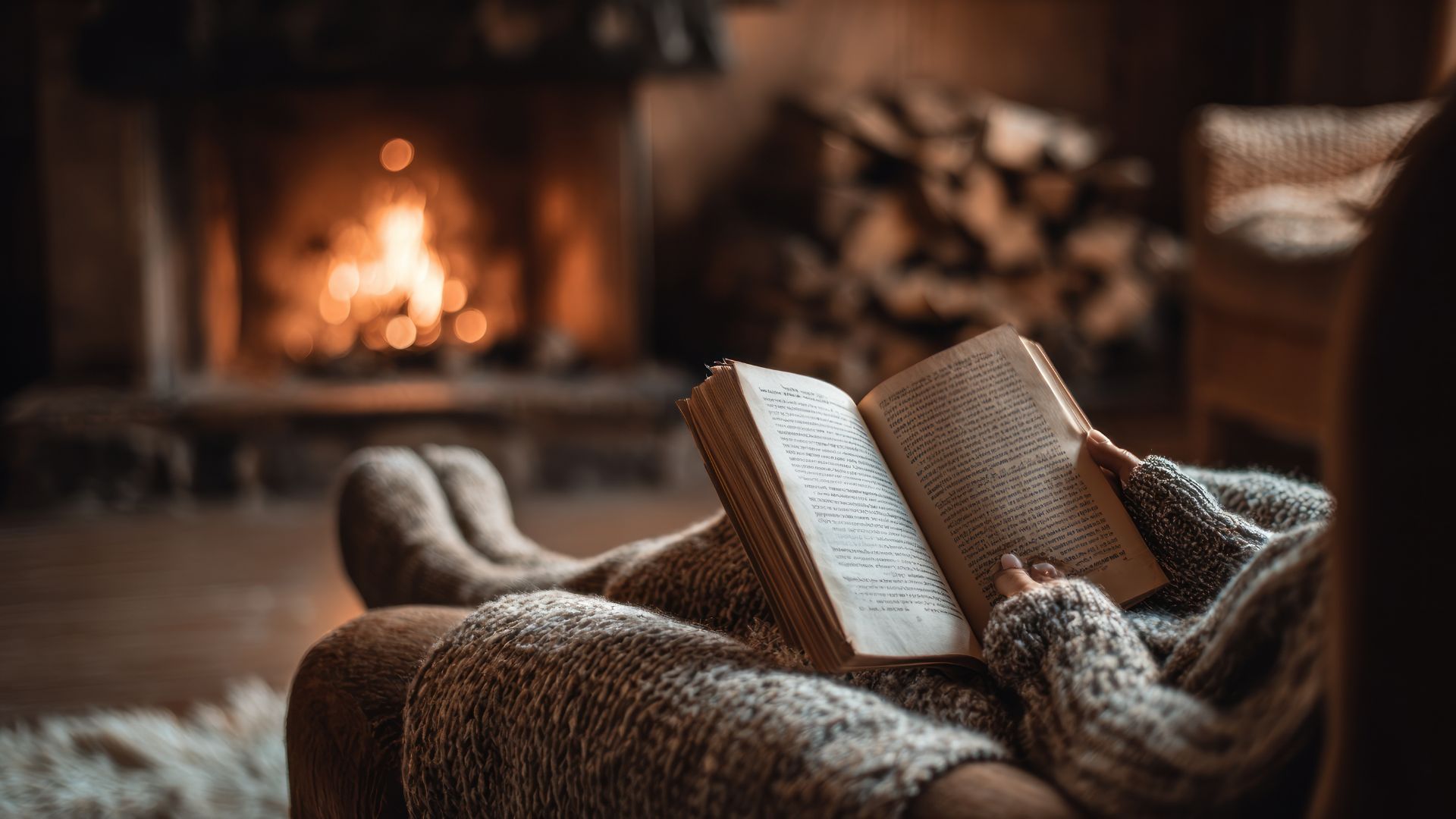 Person beim Lesen mit kuscheliger Decke, in einem gemütlichen Sofa, vor einem offenen Kamin in einem Chalet